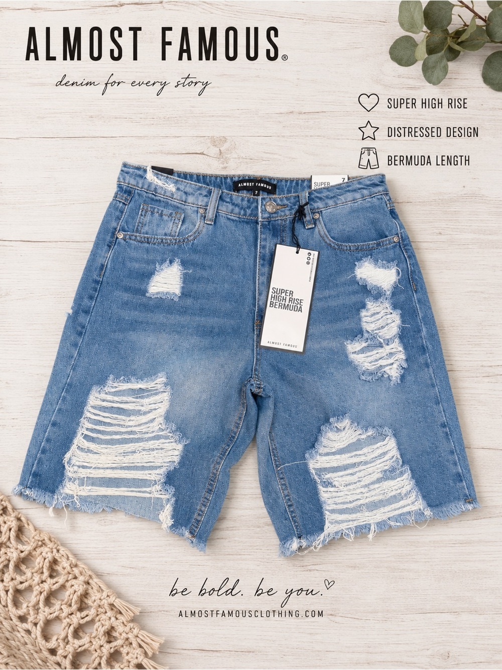 NWT Almost Famous Super High Rise Distressed Bermuda Denim Shorts Size 7